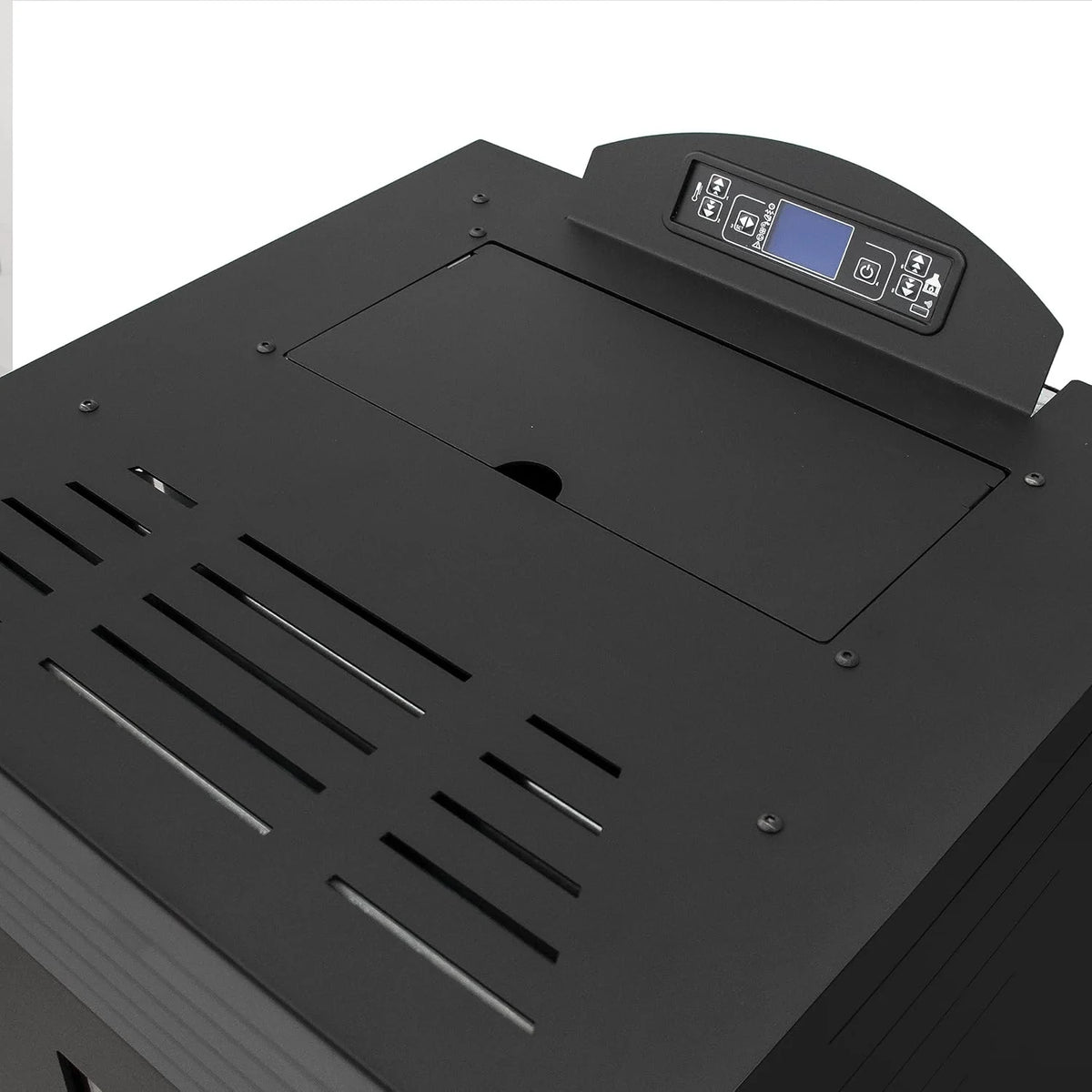 STUFE A PELLET ITALIA California 10 kW, wydajność, 90% ciepła 80 m², czas pracy 20 h, programowalny 5 prędkości i mocy, kompaktowa konstrukcja, 24 miesiące czarny