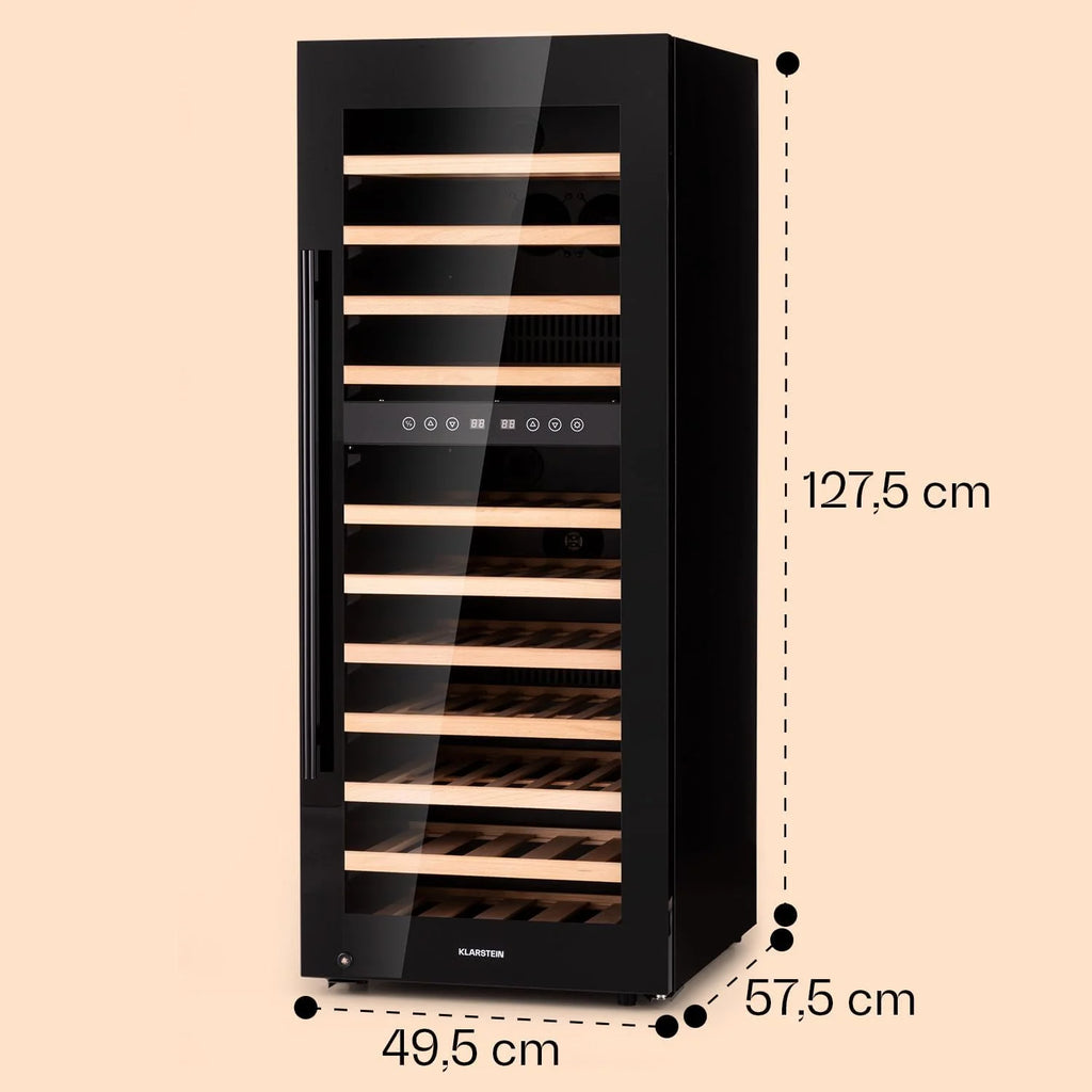 Klarstein Chłodziarka do wina wolnostojąca, Mała wąska lodówka na napoje, 2 strefy, chłodziarka ze szklanymi drzwiami, Beersafe Indoor/Outdoor, Mała lodówka z oświetleniem LED, 5-18°C, 73 butelki