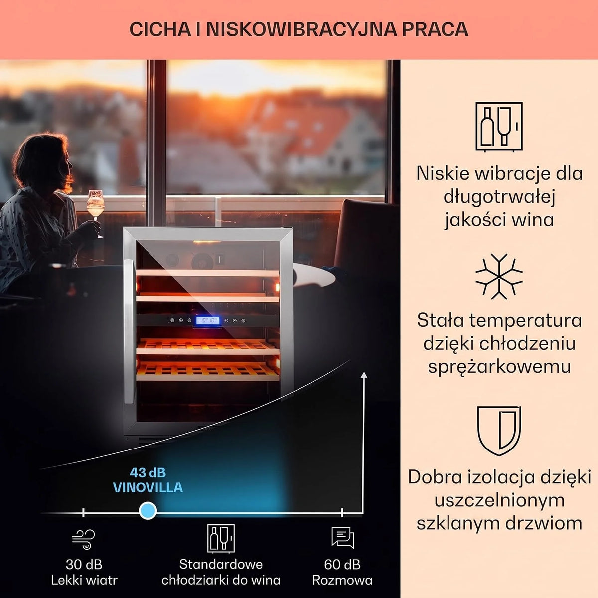 Klarstein Vinovilla chłodziarka do wina do zabudowy, dwustrefowa winiarka ze szklanymi drzwiami, 129 l, 4 wyjmowane drewniane półki, oświetlenie LED w 3 kolorach, cichy silnik 44 dB, 43 butelki