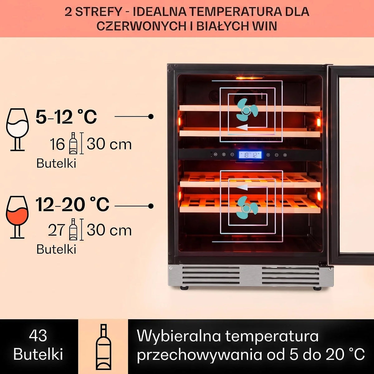 Klarstein Vinovilla chłodziarka do wina do zabudowy, dwustrefowa winiarka ze szklanymi drzwiami, 129 l, 4 wyjmowane drewniane półki, oświetlenie LED w 3 kolorach, cichy silnik 44 dB, 43 butelki