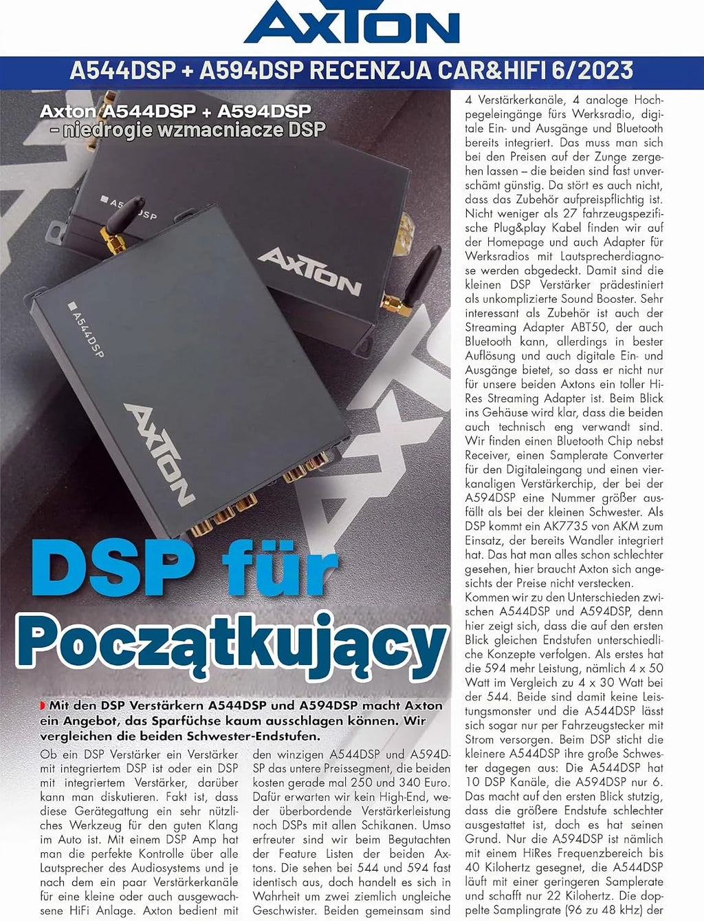 AXTON A594DSP: 4-kanałowy wzmacniacz z 6 kanałami DSP, wejście optyczne, wzmacniacz wyjściowy z możliwością połączenia z linką, wyposażony w sterowanie aplikacją na telefon komórkowy, Bluetooth Audio