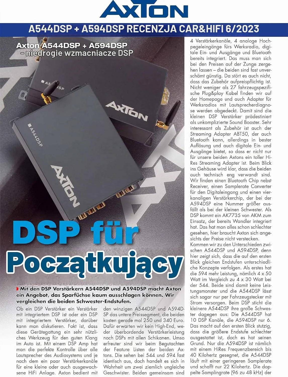 AXTON A594DSP: 4-kanałowy wzmacniacz z 6 kanałami DSP, wejście optyczne, wzmacniacz wyjściowy z możliwością połączenia z linką, wyposażony w sterowanie aplikacją na telefon komórkowy, Bluetooth Audio