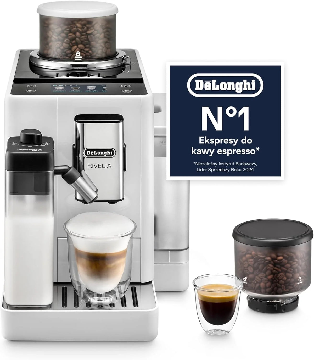 De'Longhi Rivelia EXAM440.55.W, superautomatyczny ekspres do kawy z LatteCrema Hot, automatyczny spieniacz do mleka, kompaktowy rozmiar, 16 przepisów, kolorowy ekran dotykowy, arktyczna biel