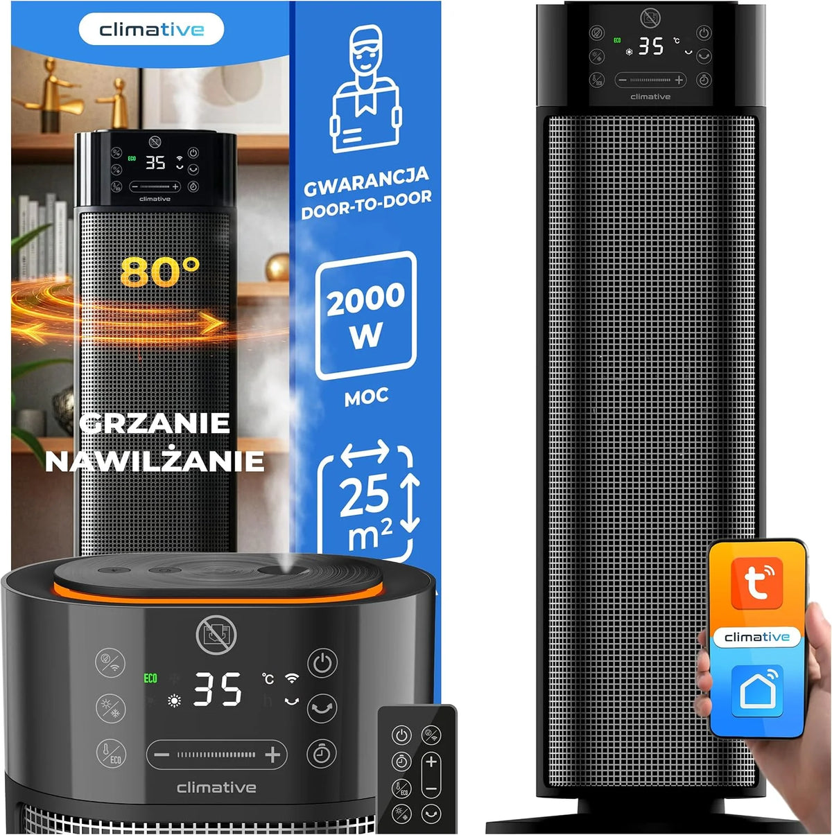 2w1 termowentylator z nawilżaczem 2000W Mistiq WiFi, oscylacja 80°, tryb ECO, timer 24h, energooszczędna elektryczna nagrzewnica PTC do pomieszczeń