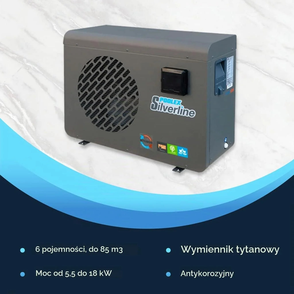 POOLEX - PC-SLP055 Silverline 55 - Cicha i ekonomiczna pompa ciepła basenowa - Wszystkie rodzaje basenów - Sprężarka o wysokiej wydajności - 5,5kW - Pojemność umywalki od 20 do 30m3