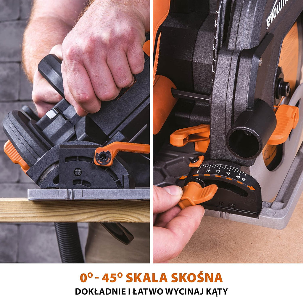 Evolution Power Tools R185CCSX Piła tarczowa i prowadnica do różnych materiałów, tnie drewno, drewno z gwoździami metal stal aluminium plastik, opcja odchylenia, w zestawie prowadnica 1020 mm, 185 mm