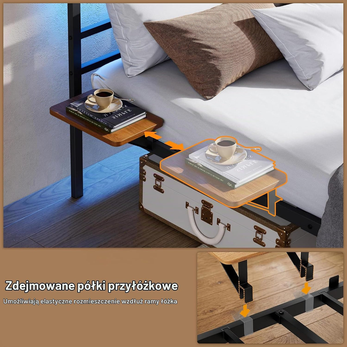 Yaheetech Rama łóżka 160 × 200 cm z metalowym stelażem, łóżko 2-osobowe z oświetleniem LED i stacją ładującą (2 AC, 2 USB), podwójne łóżko z półką do przechowywania, pojemność 400 kg