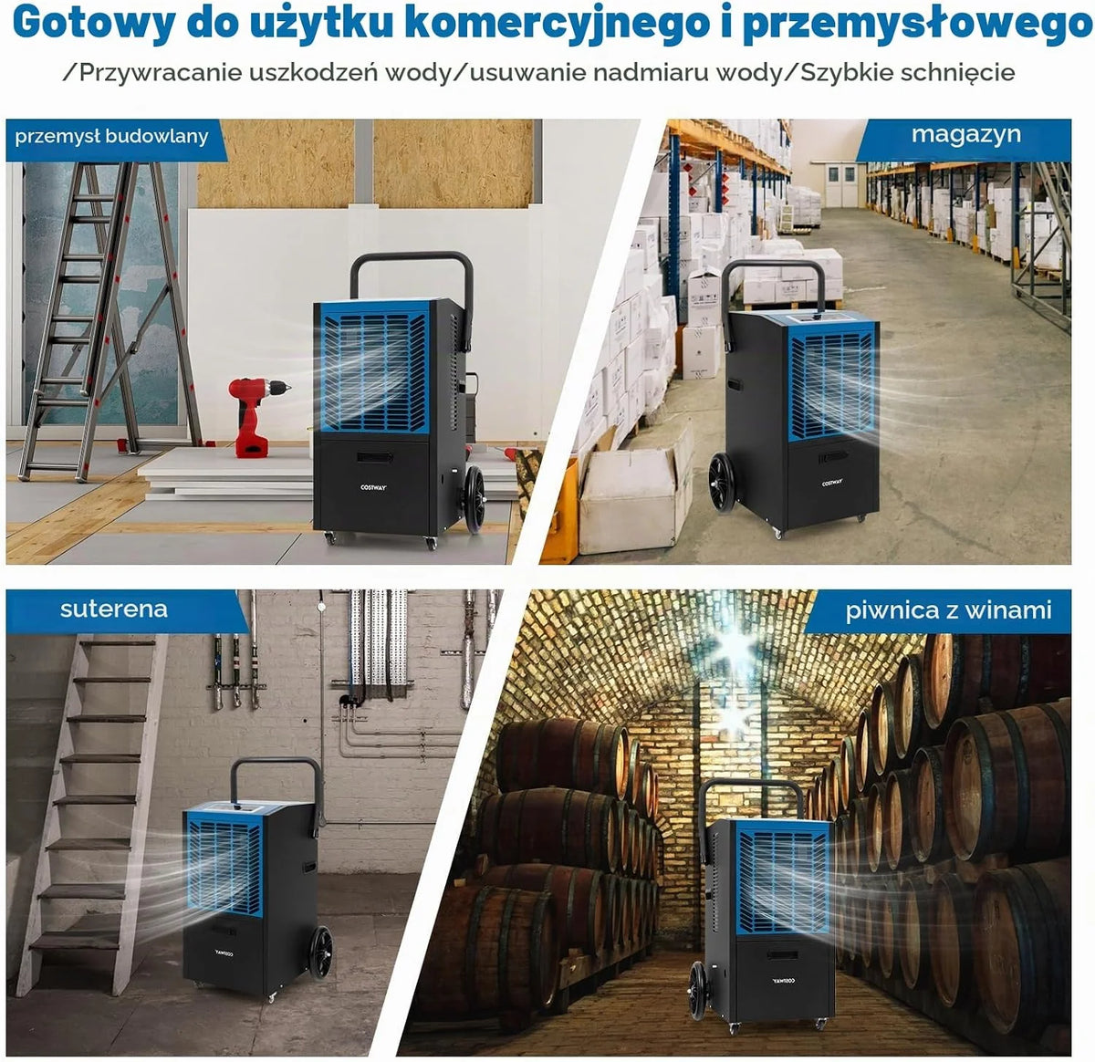 COSTWAY Osuszacz powietrza 66 L/dzień, osuszacz budowlany z pompą i wężem odprowadzającym, urządzenie przemysłowe do suszenia z 24-godzinnym timerem i 4 kołami do piwnicy, magazynu, placu budowy