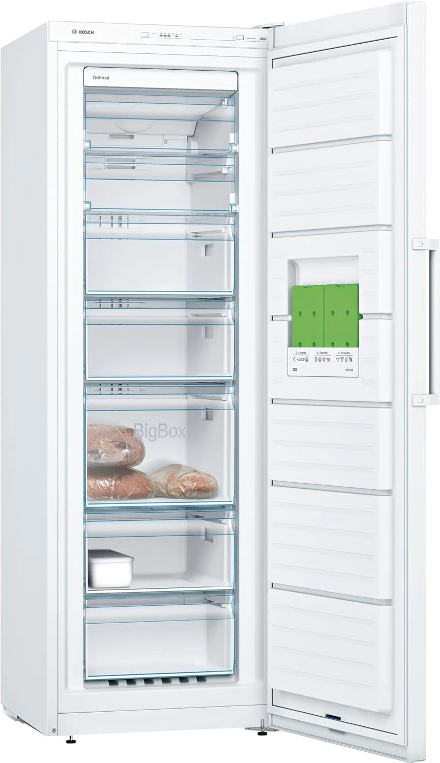 Bosch GSN33FWEV, seria 4, zamrażarka wolnostojąca, 176 x 60 cm, 225 l zamrażania, No Frost, duża szuflada na duże produkty mrożone, elastyczne wnętrze dzięki Vario Zone, Multi AirFlow, biała