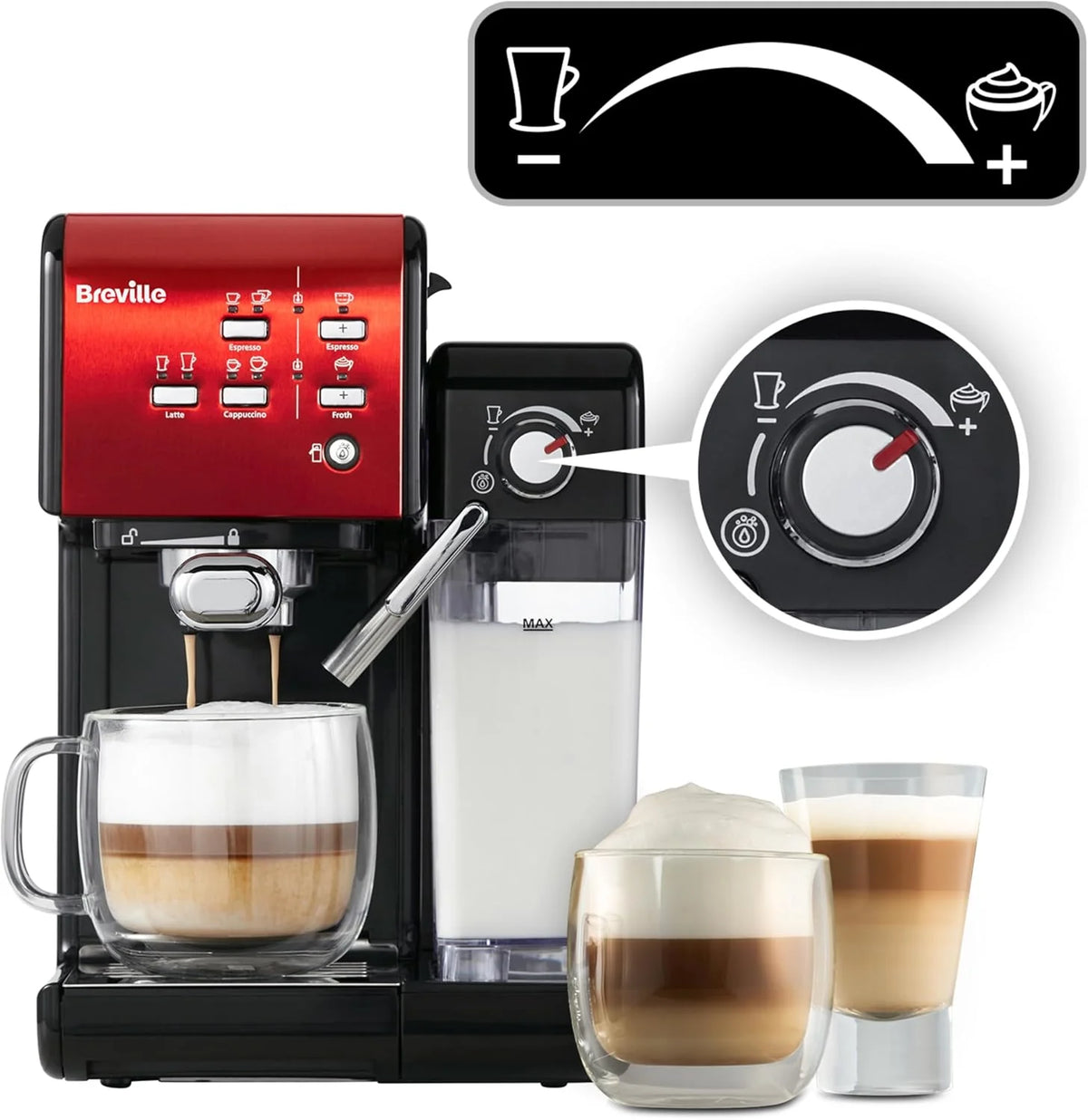 Breville Ekspres do kawy Kolbowy PrimaLatte II VCF109X, 19 Bar, Zintegrowany automatyczny spieniacz do mleka, wyjmowany pojemnik na mleko, Czerwony