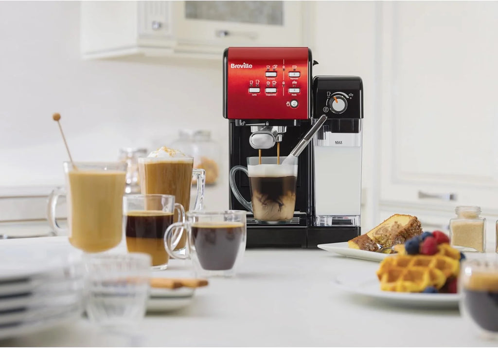 Breville Ekspres do kawy Kolbowy PrimaLatte II VCF109X, 19 Bar, Zintegrowany automatyczny spieniacz do mleka, wyjmowany pojemnik na mleko, Czerwony