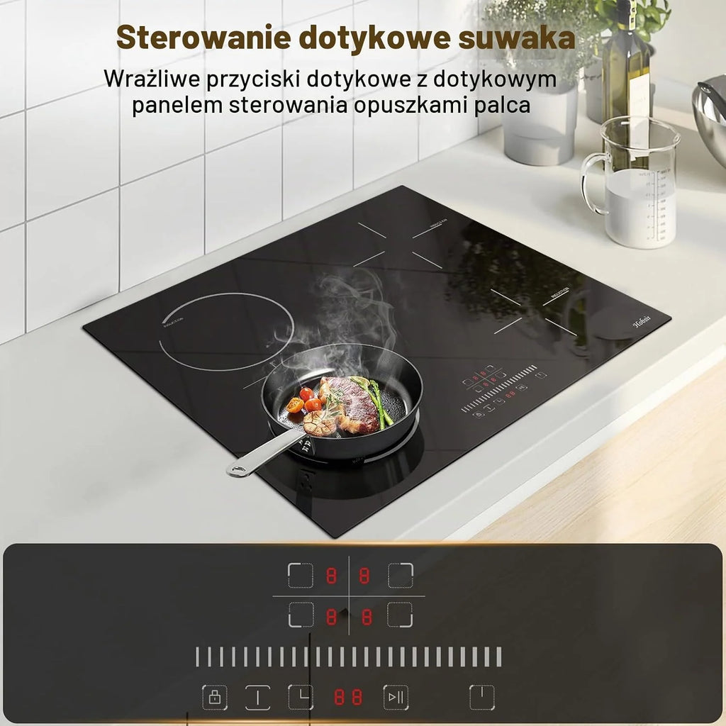 Hobsir Płyta indukcyjna z wtyczką, płyta grzewcza 4 płyty, płyta indukcyjna 60 cm, 3500 W, płyta kuchenna do zabudowy z flexzone, zabezpieczenie przed dziećmi, suwak Touch Control