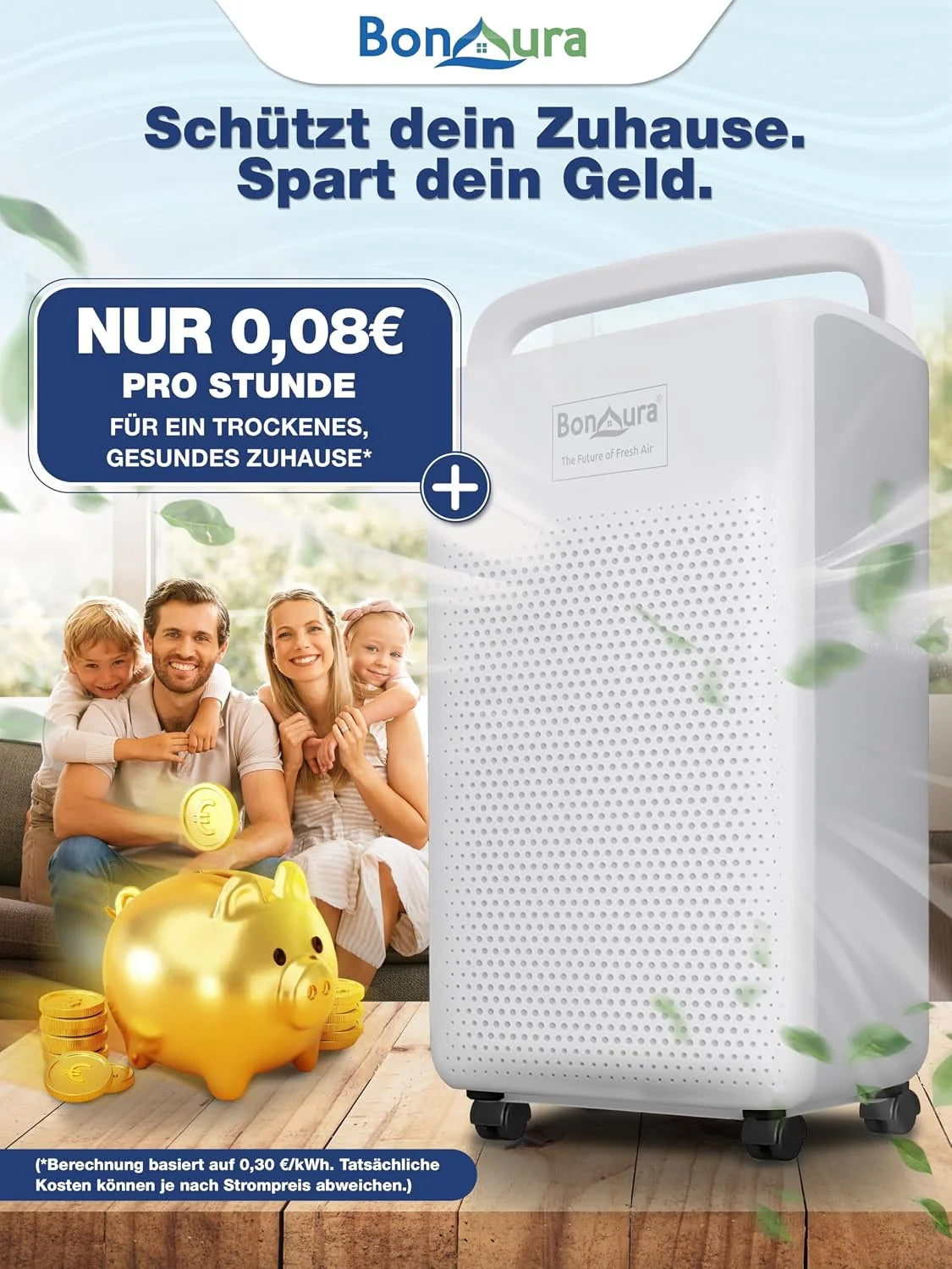 BonAura Elektryczny osuszacz powietrza 10 l – elektryczny i cichy (36 dB) z wyświetlaczem LED, timerem, trybem samochodowym, wężem drenażowym – osuszacz powietrza w piwnicy i pomieszczeniach do 40 m³