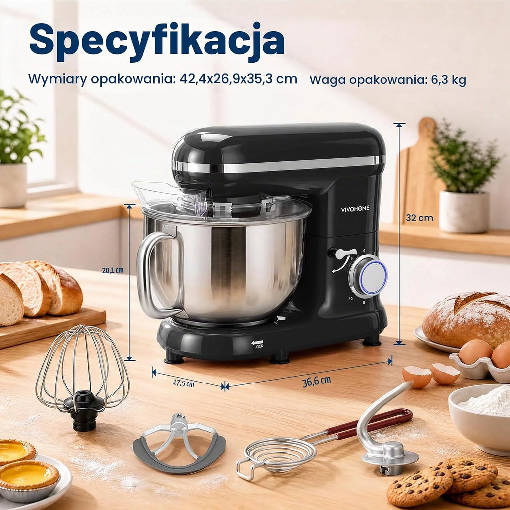 VIVOHOME Mikser Stojący 1500W, 10 Prędkości 5,7L Elektryczny Mikser Kuchenny z Głowicą Odchylaną, Mieszadłem, Hakiem do Ciasta, Trzepaczką i Separatorem Jajek, Czarny