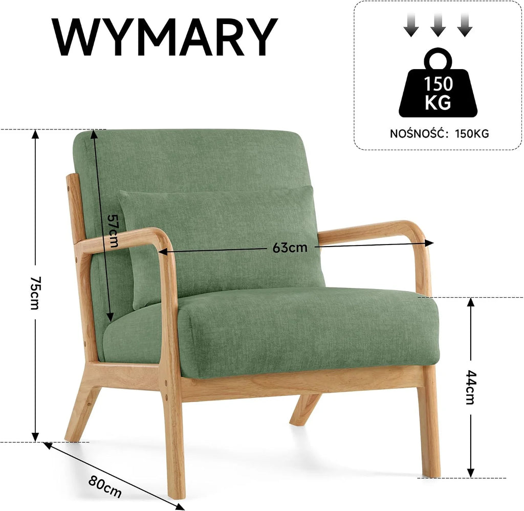 Nowoczesny fotel akcentujący z poduszką, fotel z podłokietnikami i ramą z drewna, tapicerowany fotel do czytania w stylu połowy wieku, do salonu i sypialni (kolor Zielony)