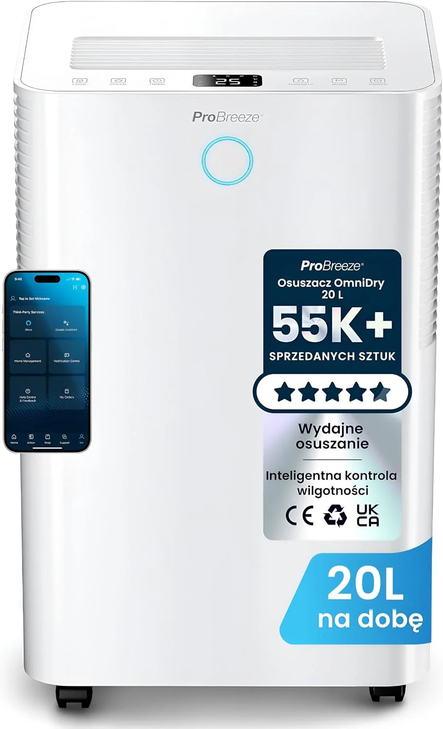 Inteligentny osuszacz kompresorowy Pro Breeze 20 l/dobę ze zbiornikiem na wodę o pojemności 4 l, funkcją suszenia prania i automatycznym czujnikiem wilgotności - usuwanie pleśni z 24-godzinnym wyłączn