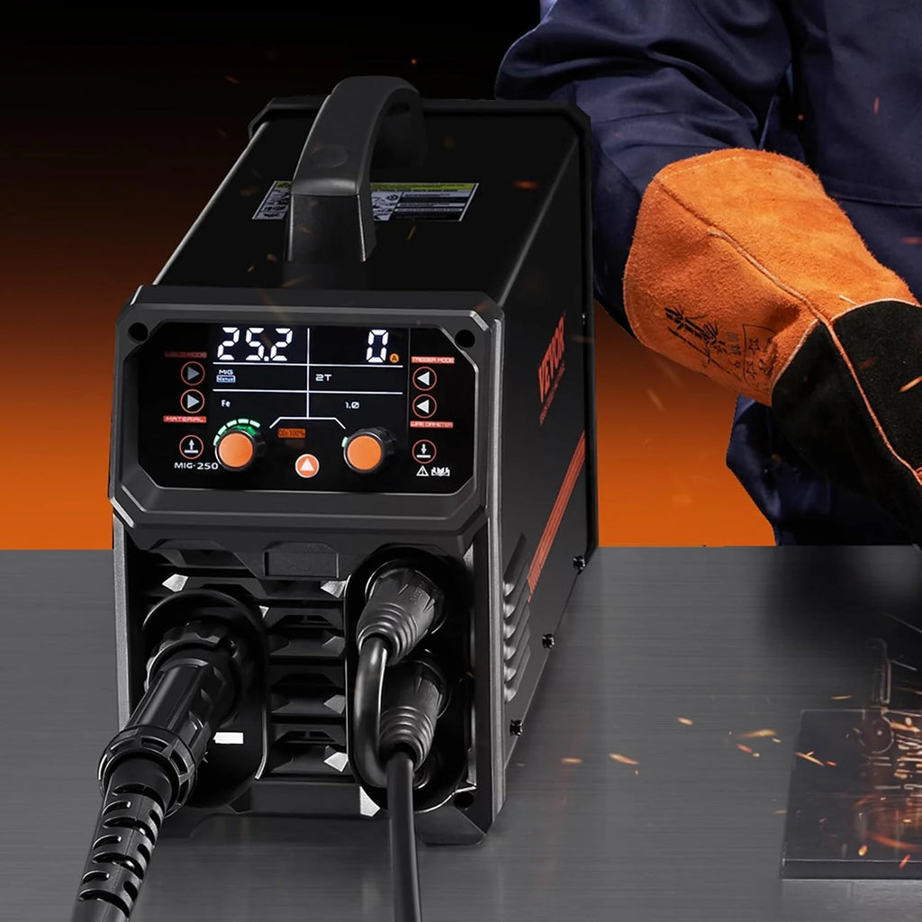 VEVOR Spawarka MIG, 250 A, spawarka synergiczna, przenośna spawarka gazowa MIG, bezgazowa, MMA, 5 w 1, z technologią Inverter IGBT, wyświetlacz LCD, latarka podnosząca TIG nie wchodzi w zakres dostawy