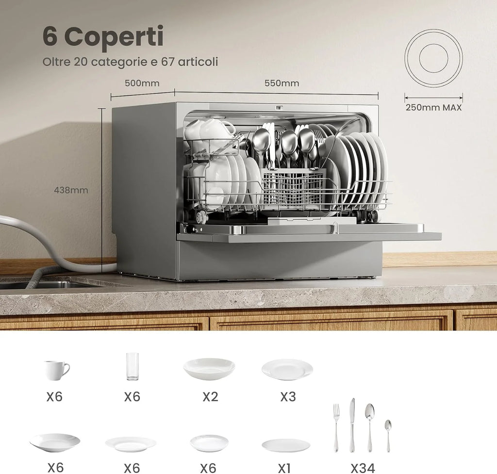 COMFEE Kompaktowa zmywarka CDWMT0602ESD-EU mini zmywarka z 6 sztućcami, 6 programów, klasa D, wyświetlacz LED, opóźniony start, intensywny cykl H-TEMP do 70°C, poziom hałasu 47 dB - srebrna