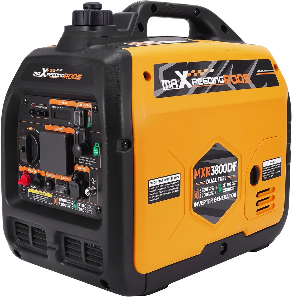 maXpeedingrods 3500 W LPG/benzynowy, inwertorowy generator prądu, generator prądu Dual Fuel, awaryjny agregat prądotwórczy z gniazdem 230 V/16 A; 2 x porty USB na kemping, podróż, do aktywności na
