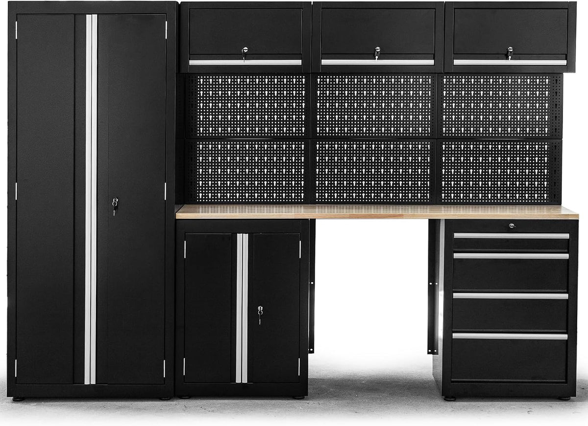 Ondis24 XL Kompletny Zestaw Warsztatowy 260 cm, wstępnie zmontowany, modułowy, kierunek warsztatowy z drewnianą płytą roboczą, szafy na narzędzia, stół warsztatowy z szufladami (9-częściowy)