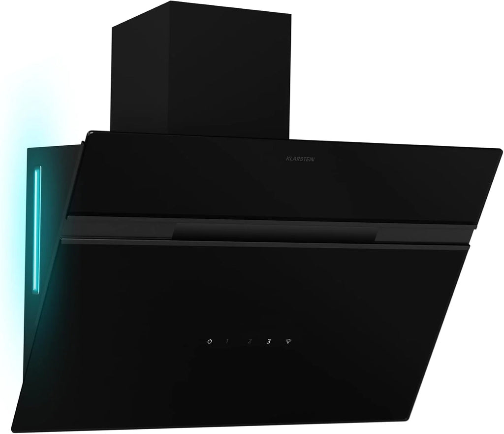 Klarstein Alina Okap kuchenny przyścienny – 60 cm, przepływ 600 m³/h, klasa energetyczna A, sterowanie dotykowe, podświetlenie LED w 9 kolorach, cichy 52 dB, czarny, tryb wyciągu i recyrkulacji