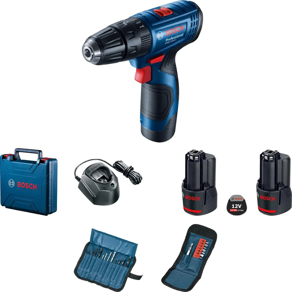 Bosch Professional system 12V: akumulatorowa wiertarko-wkrętarka udarowa GSB 120-LI (2 akumulatory GBA 12V 2.0Ah, ładowarka GAL 1210 CV, 23-częściowy zestaw wierteł i końcówek, walizka)