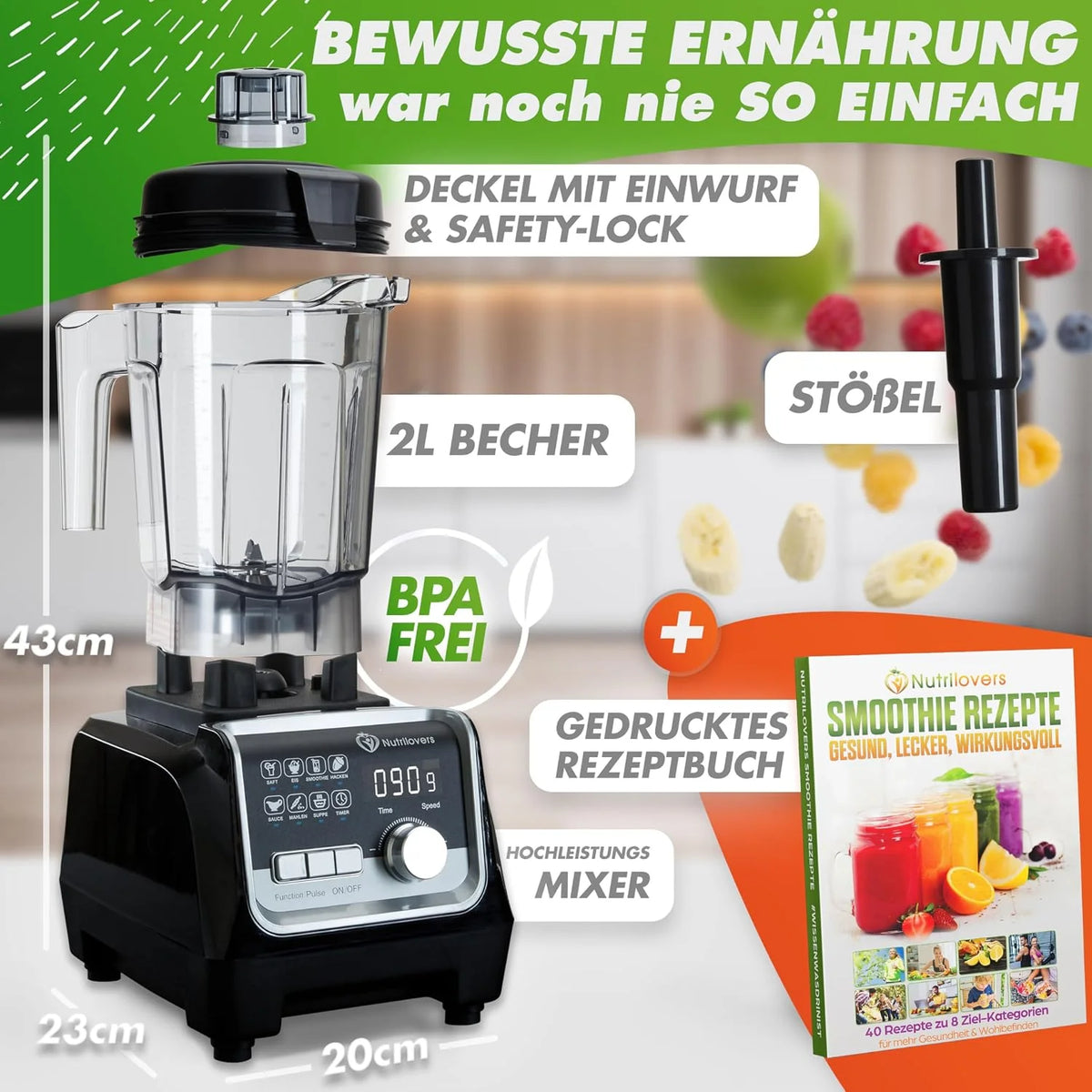 NUTRI-BLENDER MAX+ wysokowydajny blender 2000 W, profesjonalny - 2 l, Tritan, nie zawiera BPA, 9 poziomów, cyfrowy minutnik z książką z przepisami