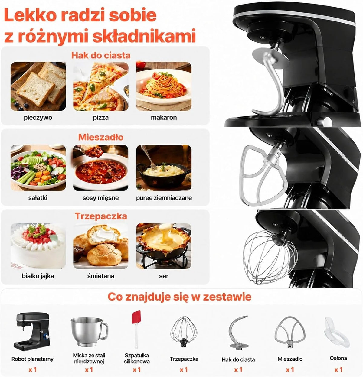 Mikser planetarny 1400 W, misa ze stali nierdzewnej 7,84 L, głowica uchylna, 6 biegów puls, hak, trzepaczka, skrobak, czarny
