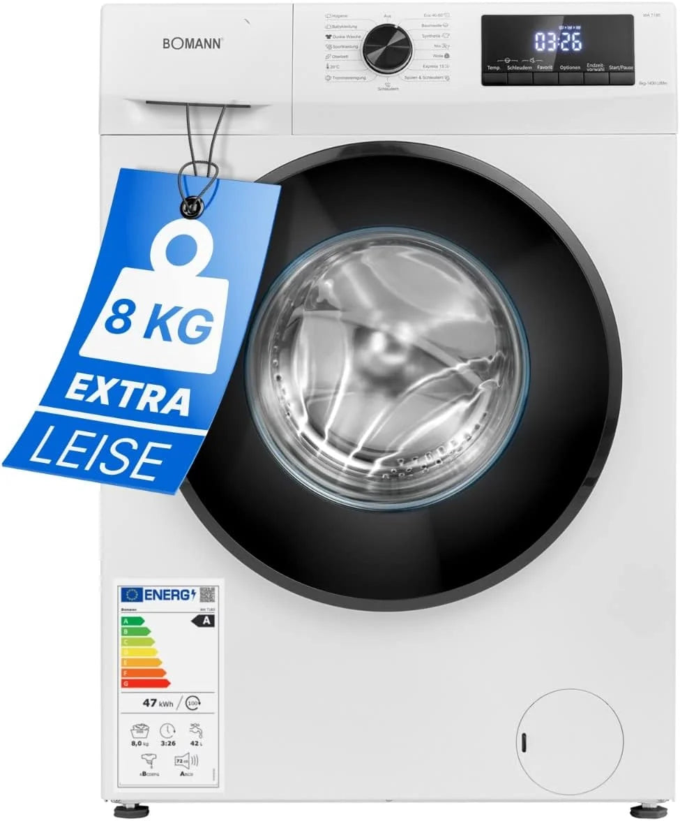 Bomann® Pralka 8 kg, maks. 1400 obr./min, wytrzymały, cichy i trwały silnik inwertorowy, 15 programów prania, wyświetlacz LED, pralka z funkcją pary, WA 7185