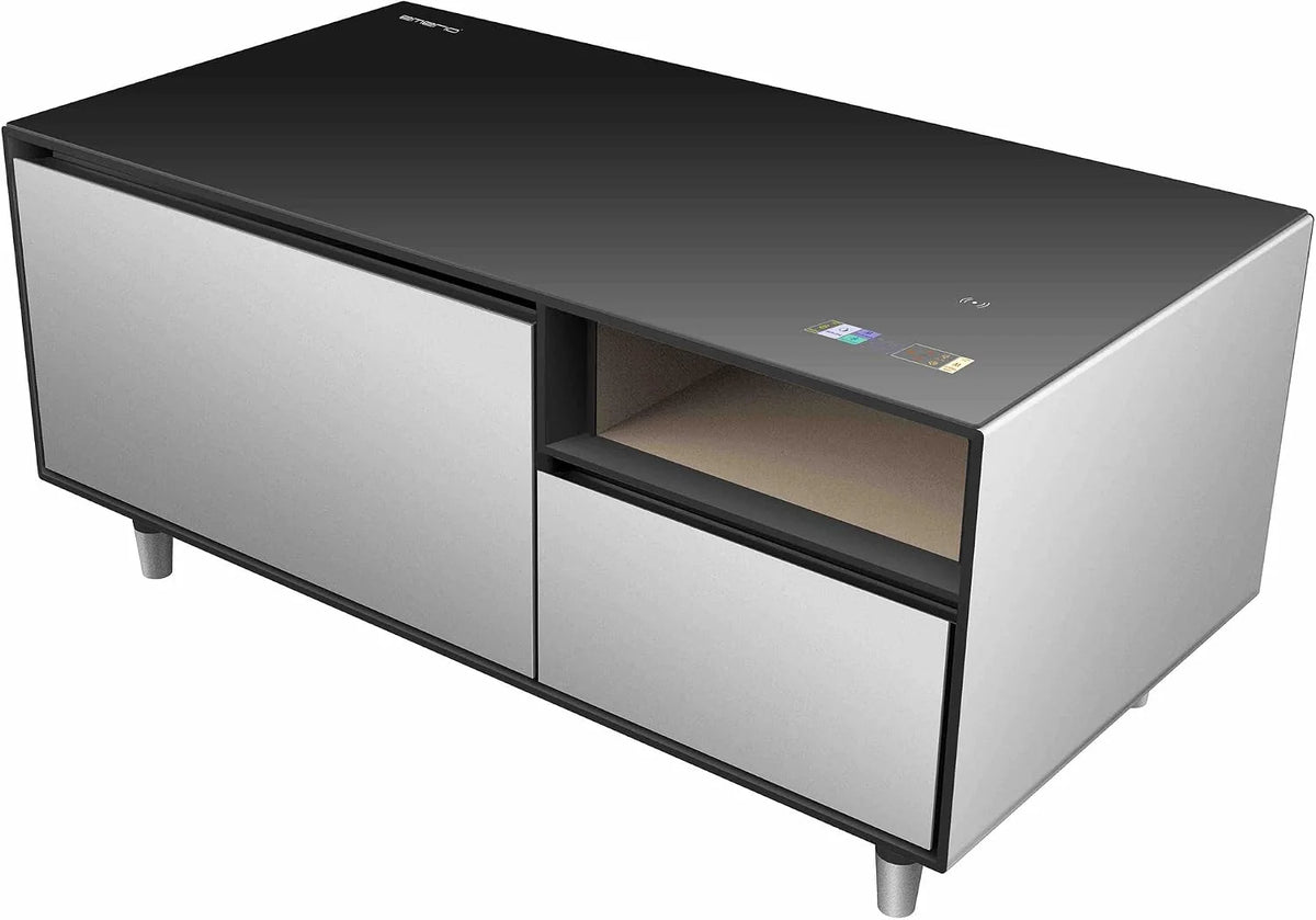 Emerio MusicFridge – połączenie chłodziarki do napojów (68 l) z zamrażarką (14 l), soundbar i stołem lounge, Bluetooth, 2 x USB, 1 x USB-C, dźwięczny dźwięk, przyciski czujników, powierzchnia z
