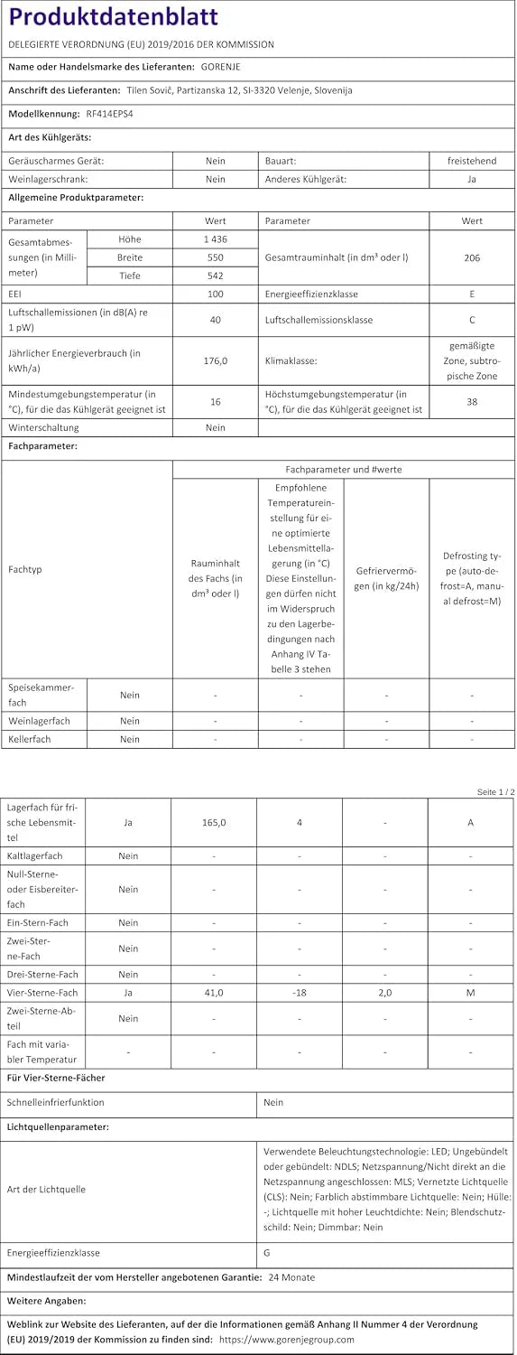 Gorenje RF414EPS4 lodówka dwudrzwiowa z zamrażarką na górze, 165 l, zamrażarka 41 litrów, oświetlenie wewnętrzne LED, klasa efektywności energetycznej E, 143,6 cm x 55 cm, srebrna