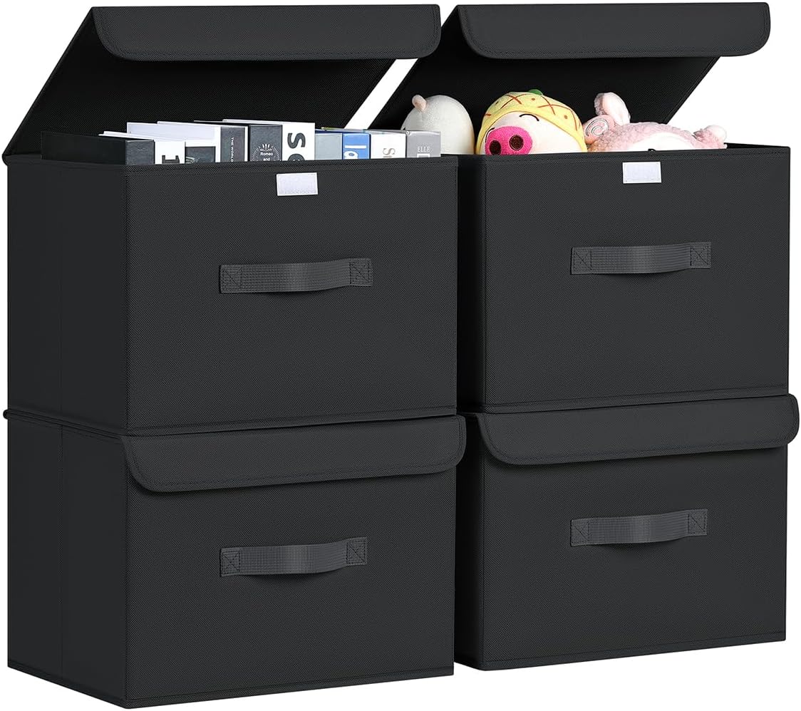 Homsorout Pudełka do przechowywania z pokrywkami - zestaw 4 składanych pojemników z uchwytami, pudełka do szafy, 38 x 25 x 25 cm Organizery na ubrania, półki, czarne