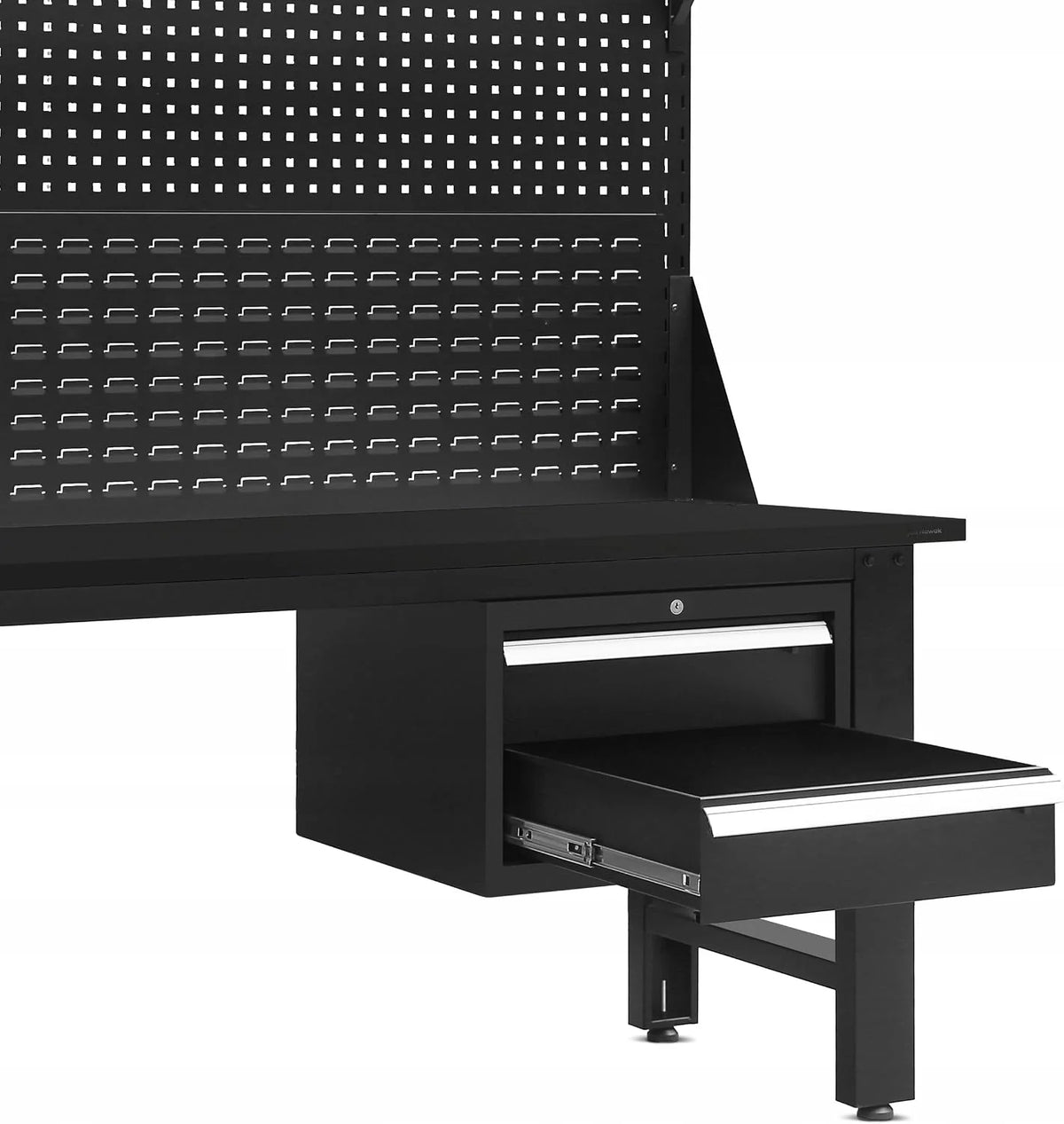 Jan Nowak Stół Warsztatowy Narzędziowy Metalowy z Tablicą Perforowaną na Narzędzia LOGAN | Solidny Blat 2 Szuflady Regulowane Nogi Stelaż na Lampę | 170 cm x 150 cm x 75 cm (Czarno-Czarny)