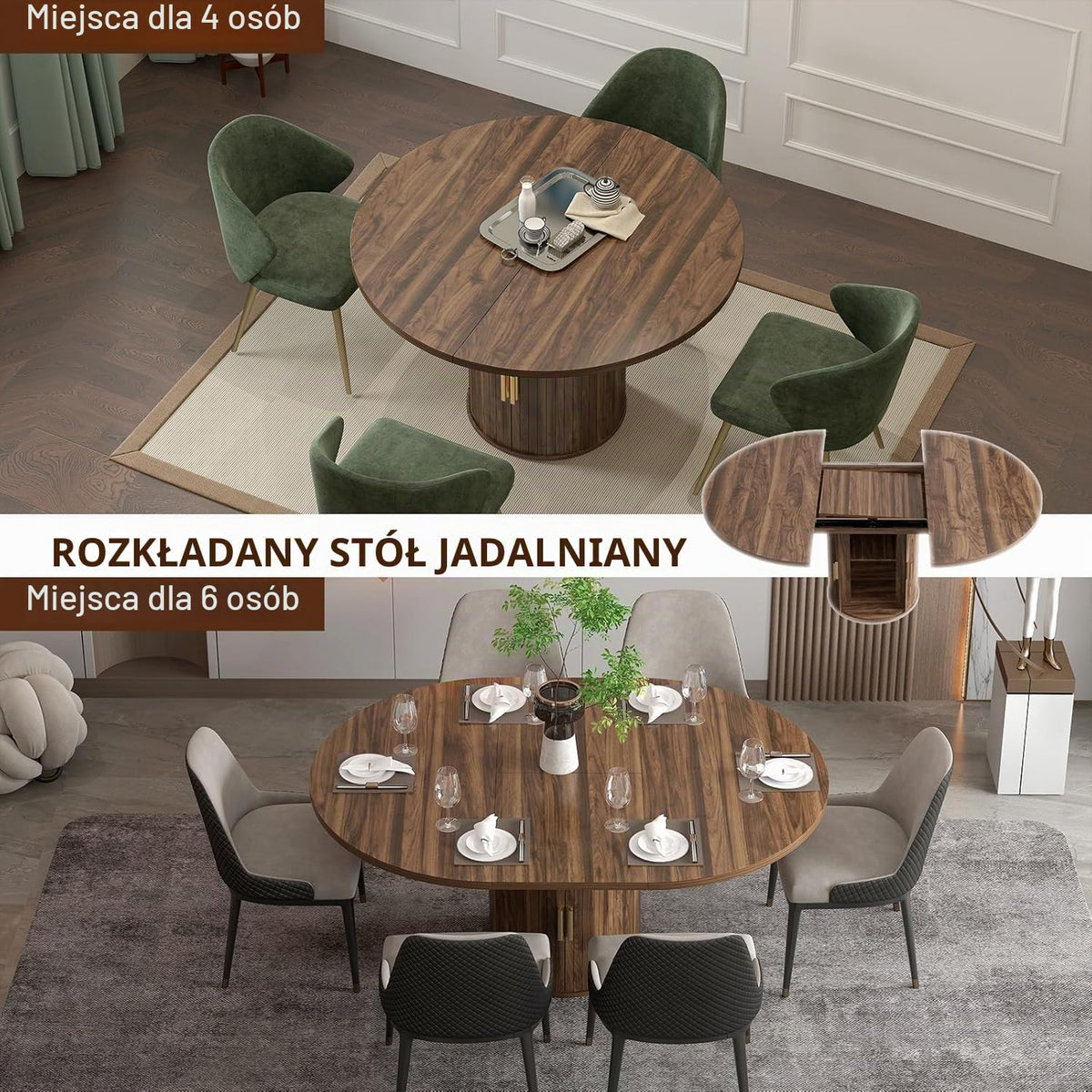 110-150 cm wysuwany okrągły stół jadalny z ukrytą podstawą do przechowywania, stół cokołowy w stylu drewna dla 4-6 osób, nowoczesny stół kuchenny z ziarnem orzecha włoskiego, oszczędzający