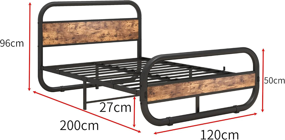 HOMERECOMMEND Metalowa Rama Łóżka 120 x 200 cm z Zagłówkiem, Metalowa i Drewniana Rama z Lamelami, Owalna Platforma z Miejscem do Przechowywania pod Łóżkiem, Brązowa