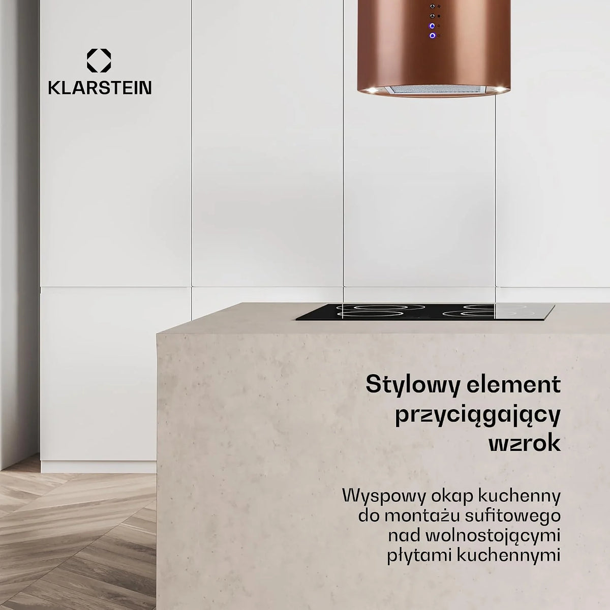 Klarstein Beretta Cooker Hood - Okap wyspowy, pokrywa 35 cm (Ø) / 60 cm, powietrze odprowadzane/recyrkulowane, 650 m³/h, z filtrami z węglem aktywnym, klasa efektywności energetycznej C - miedź