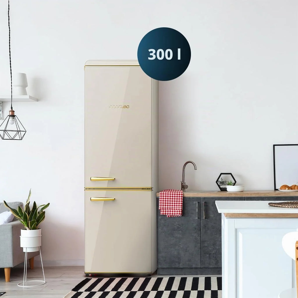 Cecotec Lodówka Combi 2 Drzwi Retro 300 L Bolero CoolMarket Combi Origin 300 Beżowy E. Wysokość 191,5 cm i 60 szerokości, regulacja temperatury, chromowany uchwyt i szklane tace, beżowy