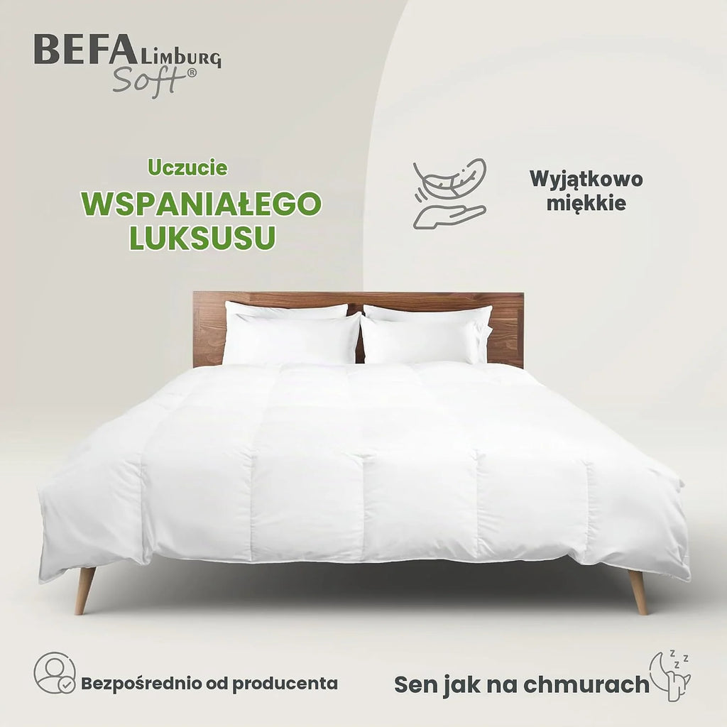 Kołdra puchowa, całoroczna, 240 x 220 cm, 90% pierza i 10% puchu, oddychająca i łatwa w pielęgnacji, dla alergików (NOMITE), dobrostan zwierząt (DOWNPASS), Oeko-Tex