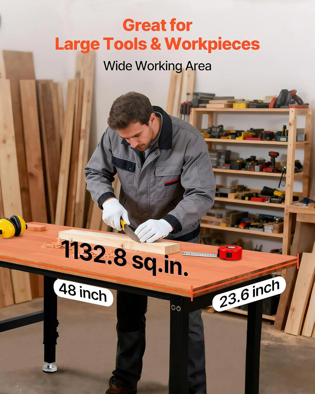 VEVOR Regulowany stół warsztatowy, nośność 680 kg, stół warsztatowy z drewna dębowego 122 x 61 cm, z regulacją wysokości 66-102 cm, drewniany stół roboczy