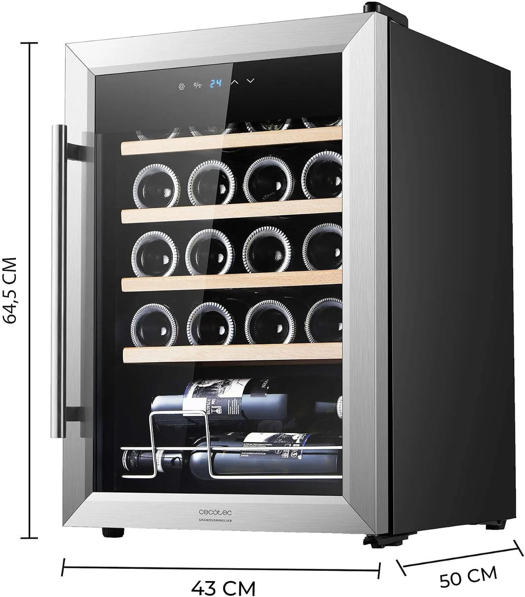 Cecotec Winiarnia, chłodziarka na wino, 24 butelki Bolero GrandSommelier 2050 Inox Compressor. Regulowana temperatura 5-18ºC, wysoka wydajność, cicha praca i brak wibracji