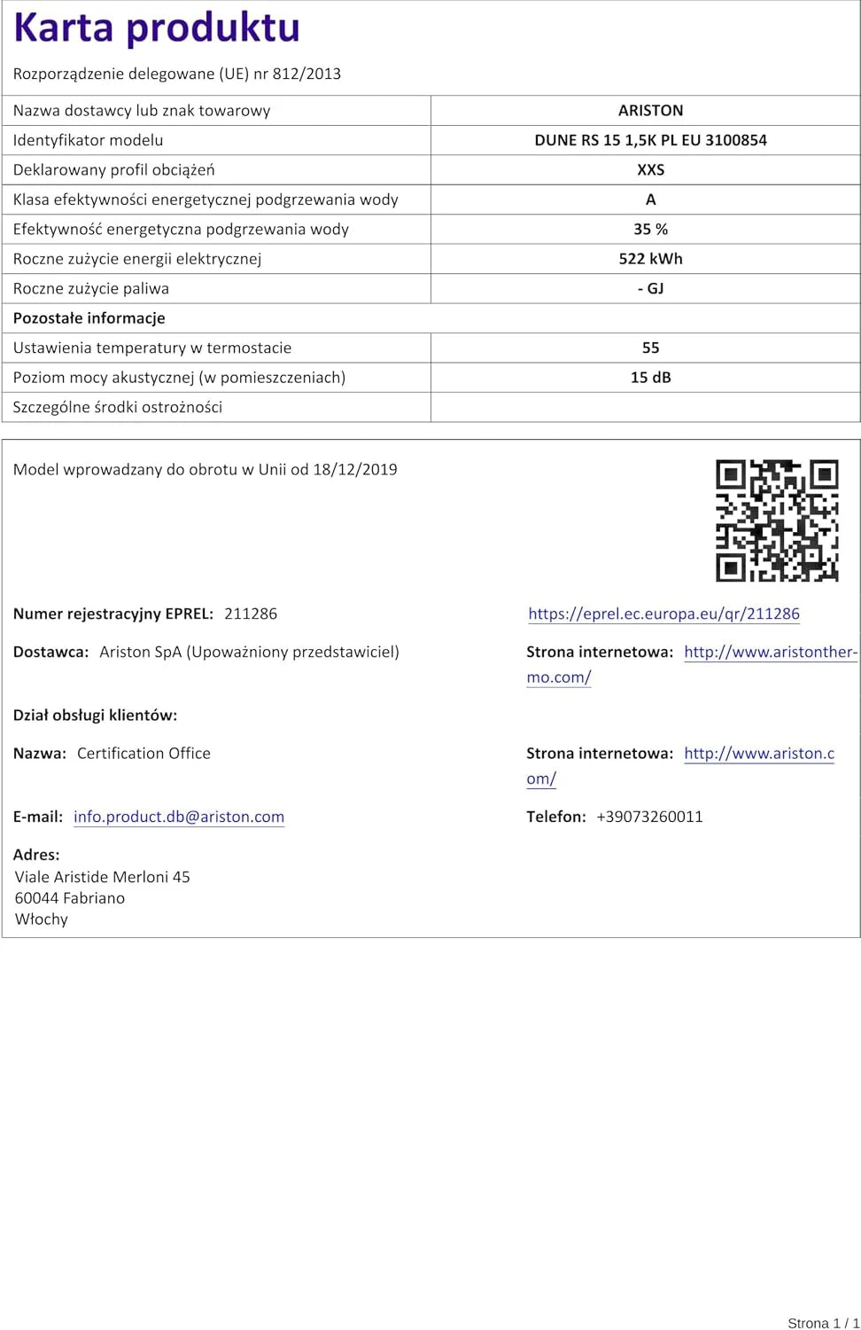 Ariston Dune RS 15 Litrów 3100854 Nad Umywalkowy Podgrzewacz Wody Bojler Elektryczny. Przeznaczony do instalacji w Polsce