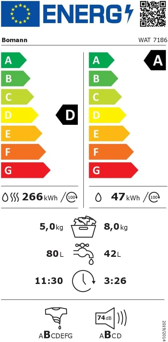 Bomann® Pralko-suszarka | pranie i suszenie w jednym cyklu | pranie 8 kg, suszenie 5 kg | silnik inwertorowy | 1400 obr./min | funkcja pary | zintegrowana pralka z suszarką | WAT 7186 biała