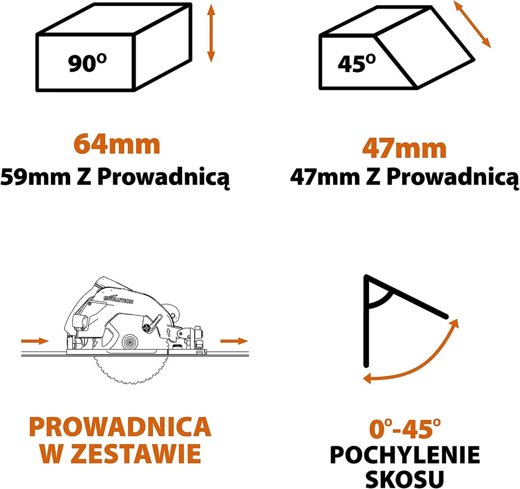 Evolution Power Tools R185CCSX Piła tarczowa i prowadnica do różnych materiałów, tnie drewno, drewno z gwoździami metal stal aluminium plastik, opcja odchylenia, w zestawie prowadnica 1020 mm, 185 mm