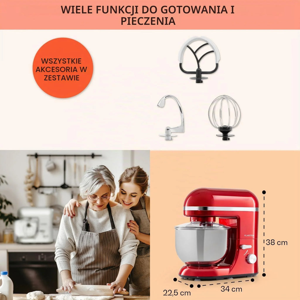 Klarstein Robot kuchenny, Maszyna do wyrabiania ciasta z misą 5L, 2000W profesjonalny robot z hakiem i trzepaczką, Uniwersalny z 6 biegami, Maszyna do mieszania, ugniatania i ubijania