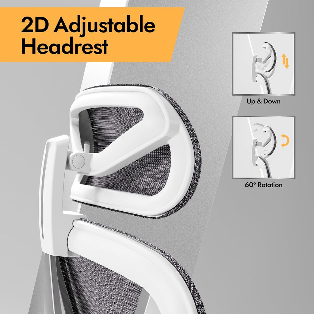 HOLLUDLE Ergonomiczne Krzesło Biurowe z Podparciem Lędźwiowym 3D & Podłokietnikami 3D | V-Kształt Design | Do Biura, Domu, Gamingu | Białe
