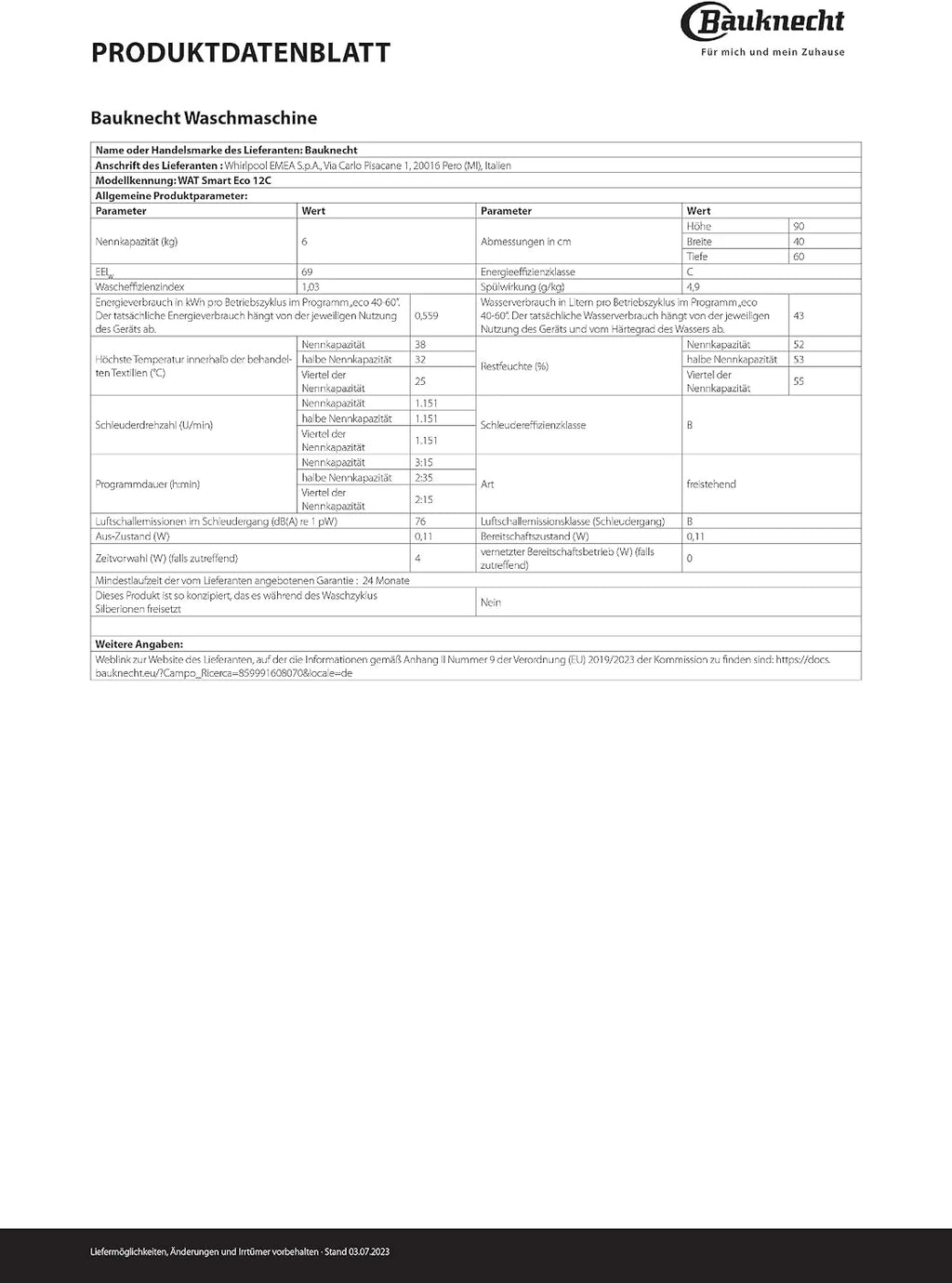 Bauknecht WAT Smart Eco 12C pralka ładowana od góry/6 kg/1200 obr./min., krótki 30'/FreshFinish/intensywne płukanie, ochrona przed wodą wielokrotnego użytku, oszczędność energii, program wełny, wybór