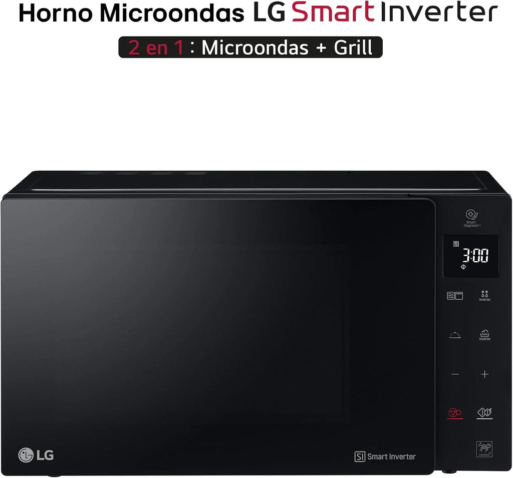 LG MH6535GDS Kuchenka mikrofalowa z grillem i inteligentnym falownikiem, 25 l, 1000 W, grill 900 W, automatyczne programy, Easy Clean, czarna