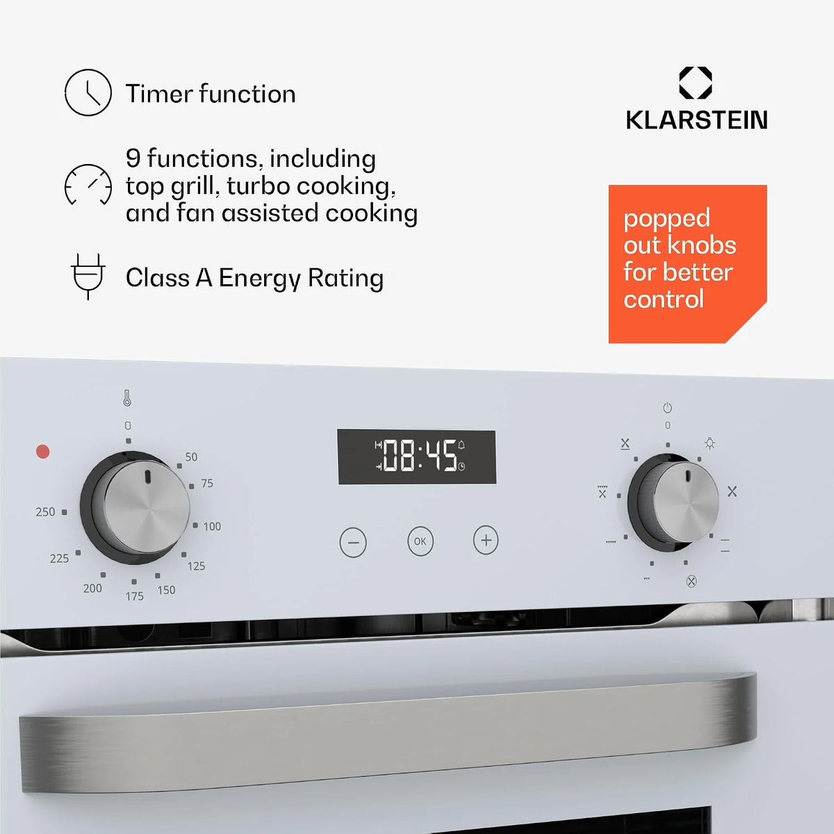 Klarstein SmartSlim Piekarnik do zabudowy - 45 cm, 49 L, 9 funkcji, Czyszczenie parowe, Zdejmowane szklane drzwi, Klasa energetyczna A, Czarne szkło, Cyfrowy timer, Piekarnik do zabudowy