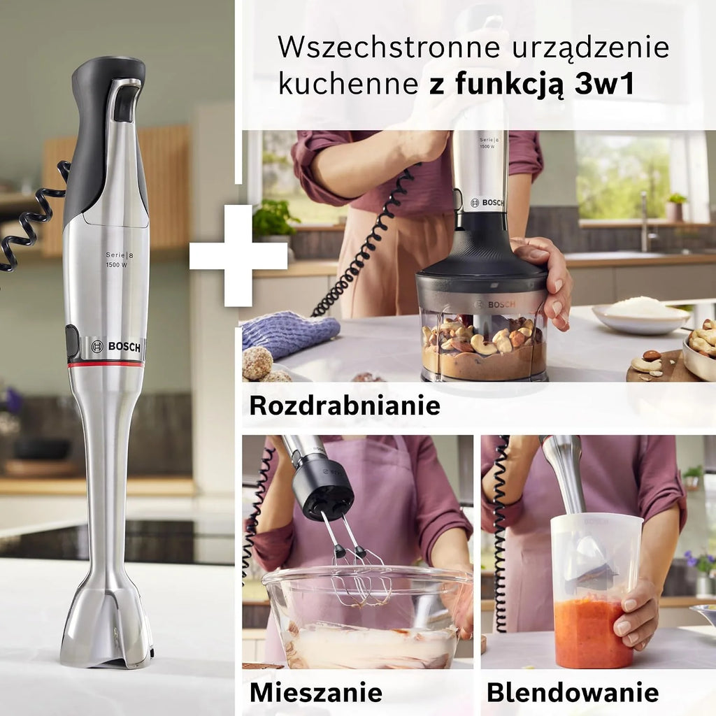 Bosch, blender ręczny, ErgoMaster Serie 8, silnik 1500 W, intuicyjna regulacja prędkości, 6-ramienne ostrze, akcesoria w zestawie, stal nierdzewna, MSM8M934