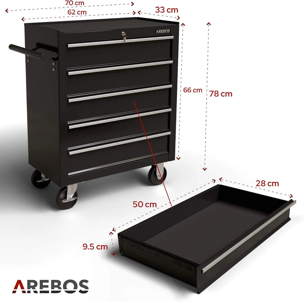 Arebos Wózek warsztatowy | 5 przegródek, centralnie zamykany| powłoka antypoślizgowa | koła z hamulcem postojowym | masywny metal, czerwony | czarny